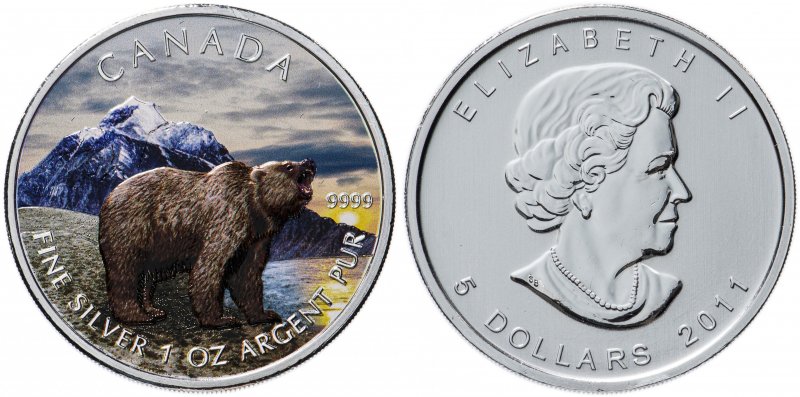 Медведь гризли на канадской монете 2011 года