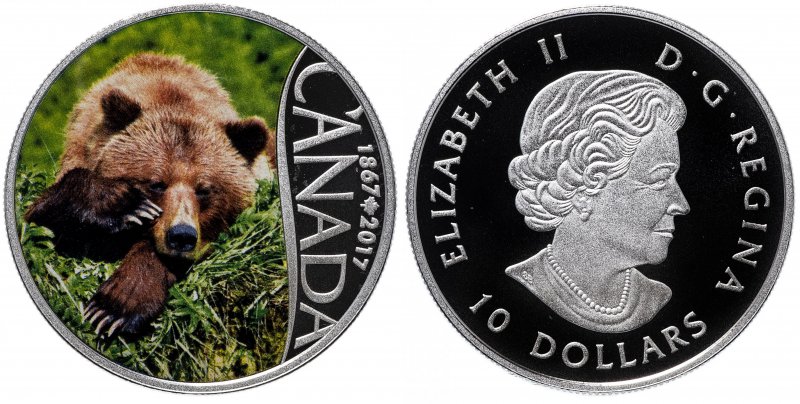 Медведь гризли на канадской монете 2017 года