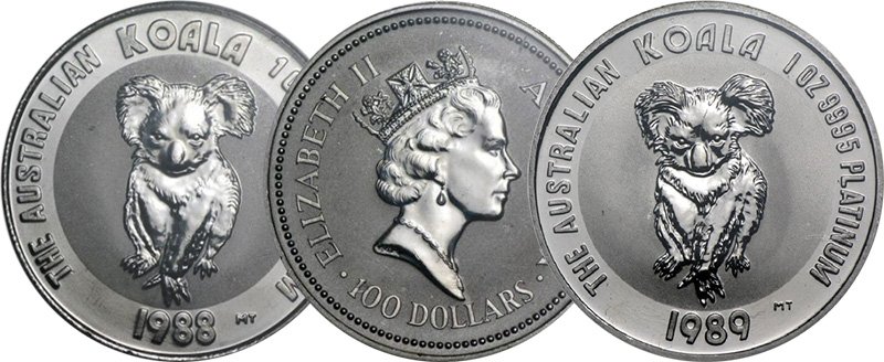 100 долларов Австралии 1988 и 1989 гг. из платины