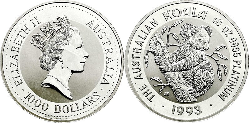 1000 долларов Австралии 1993 г. из платины