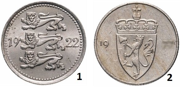 Геральдические львы на 5 марках Эстонии, 1922 год; 2 – гербовый лев на монете номиналом 50 эре, Норвегия, 1974-1996 гг.