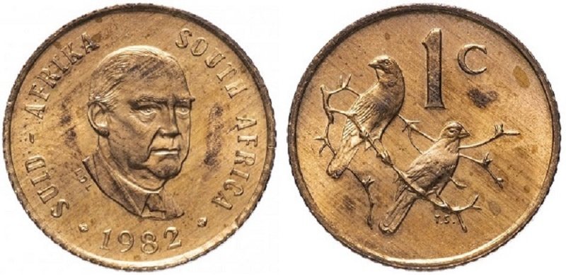 «Отец апартеида» Балтазар Форстер на одноцентовой монете 1982 года, ЮАР