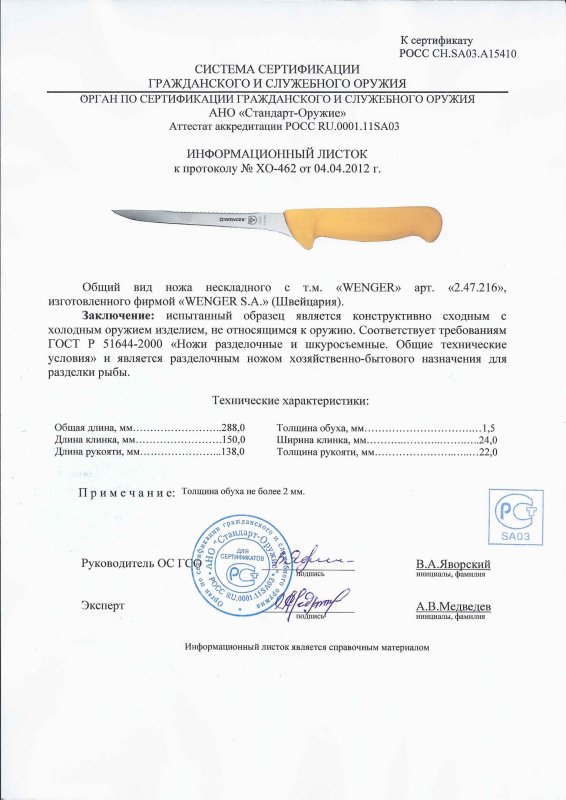 Нож нескладной Wenger 2.47.216
