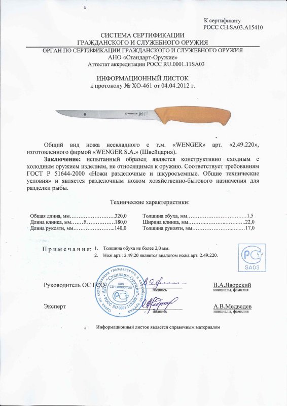 Нож нескладной Wenger 2.49.220 (2.49.20)