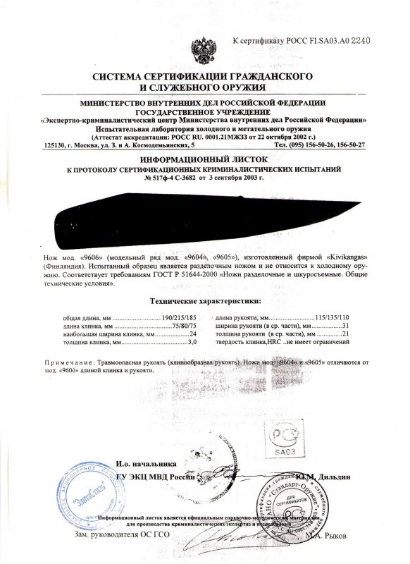 Нож нескладной Kivikangas «9606» (модельный ряд мод. «9604», «9605»)