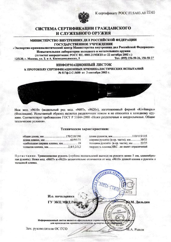 Нож нескладной Kivikangas «9610» (модельный ряд мод. «9607», «9620»)