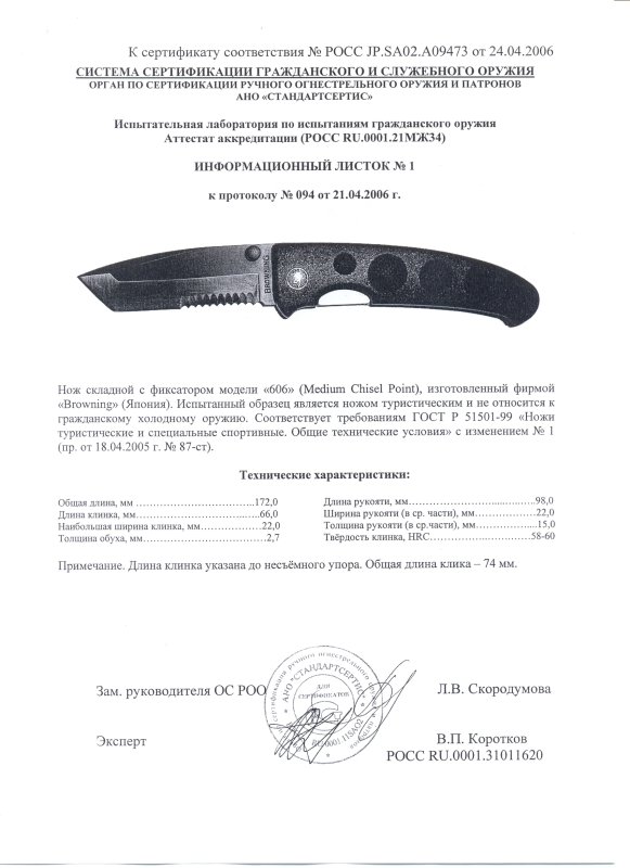 Нож складной с фиксатором Browning 606 Medium Chisel Point