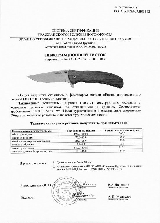 Нож складной с фиксатором «Витязь» Енот