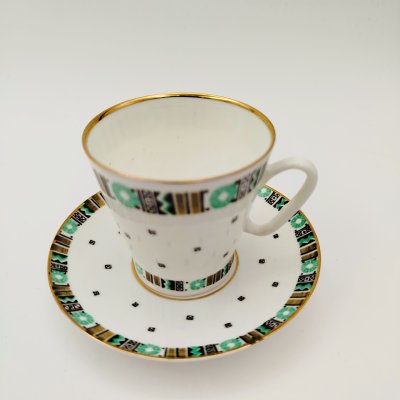 купить Пара кофейная с геометрическим декором, фарфор, деколь, золочение, Ленинградский фарфоровый завод (ЛФЗ), СССР, 1970-1992 гг.