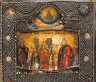 Купить Икона в ризе и киоте "Собор Святых" (Святые: Святые: мученик Лавр, мученик Власий, патриарх Модест,  мученик Флор и мученица Варвара), дерево, темпера, бисер, вышивка, Российская империя, 1850-1900 гг.