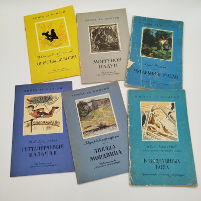 купить Набор из 6-ти детских книг из серии "Книга за книгой" (И. Соколов-Микитов "От весны до весны", "Моргунов Падун", Р. Погодин "Муравьиное масло", Д.В. Григорович "Гуттаперчевый мальчик", И. Кожедуб "В воздушных боях", Э. Багрицкий "Звезда мордвина"), бумага, печать, Издательство «Детская литература» (Детгиз), СССР, 1968-1978 гг.
