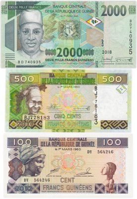 купить Гвинея набор из 3 банкнот 100, 500, 2000 франков 2012-2018