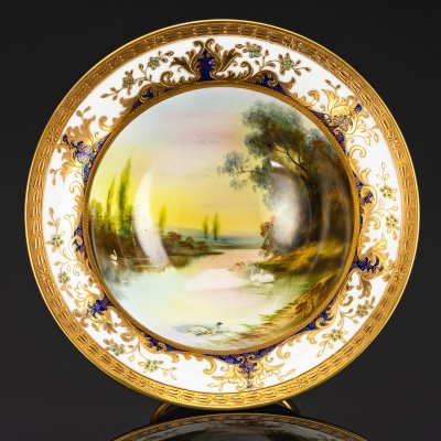 купить Блюдо глубокое с изображением пейзажа и орнаментом по борту, фарфор, роспись, золочение, Noritake, Япония, 1908-1911 гг.