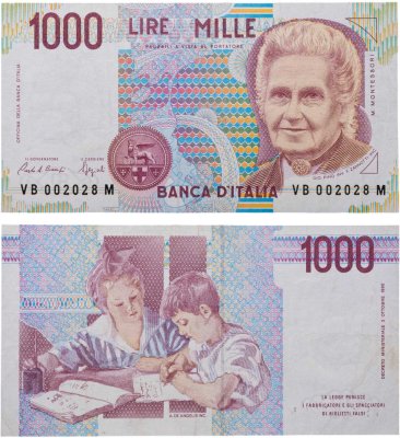 купить Италия 1000 Лир 1990 "Мария Монтессори. Школа Монтессори"(Pick 114a)