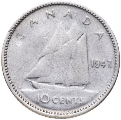 купить Канада 10 центов (cents) 1947 Кленовый лист знак монетного двора: "Кленовый лист" сразу после года