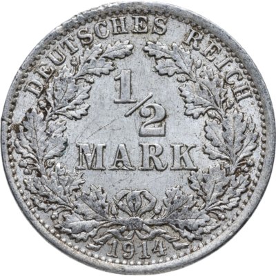 купить Германия 1/2 марки (mark) 1914 знак монетного двора: "A" - Берлин