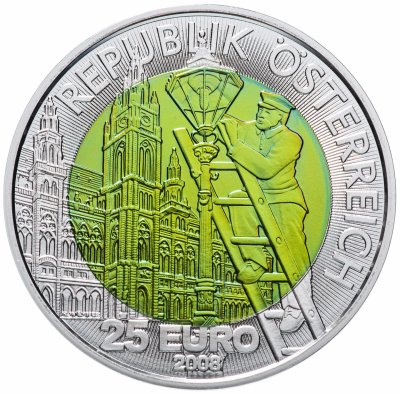 Купить Австрия 25 euro (евро) 2008 "Неоновая лампа" в футляре с сертификатом