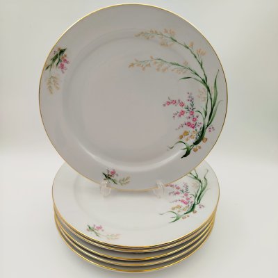 купить Набор обеденных тарелок с цветочным декором на 6 персон, фарфор, деколь, золочение, Bareuther & Co., Bavaria, Германия, 1931-1945 гг.