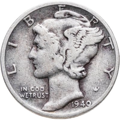 купить США 10 центов (дайм, one dime) 1940 Mercury Dime (дайм «Меркурий»), без обозначения монетного двора