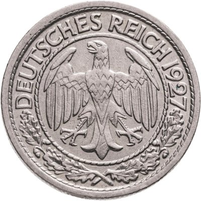 купить Германия 50 рейхспфеннигов (reichspfennig) 1927, знак монетного двора "G" — Карлсруэ