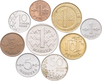 купить Финляндия набор из 9 монет 1, 5, 10, 50 пенни и 1, 5 марок 1962-1997