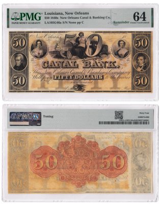 купить США, Луизиана, Новый Орлеан 50 долларов 1840е г. В слабе PMG UNC 64