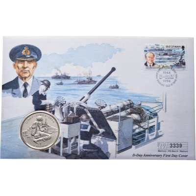 купить Остров Мэн 1 крона (crown) 1994 "50 лет высадке в Нормандии 6 июня. Солдат за укрытием" в буклете(конверте) с маркой