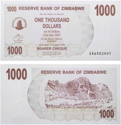 купить Зимбабве 1000 долларов 2007