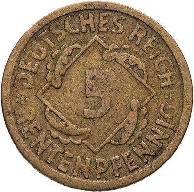 купить Германия 5 рентенпфеннигов (rentenpfennig) 1924 E знак монетного двора "E" — Мульденхюттен
