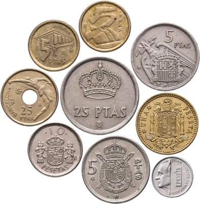 купить Испания набор из 9 монет 1, 5, 10, 25 песет (pesetas, ptas) 1957-1995