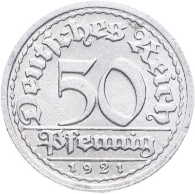 купить Германия, Веймарская республика 50 пфеннигов (pfennig) 1921, знак монетного двора "J" — Гамбург