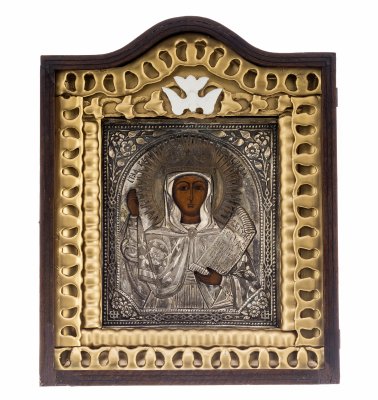 Купить Икона "Великомученица Параскева Пятница" с окладом и киотом, дерево, темпера, Российская Империя, 1850-1900 гг.