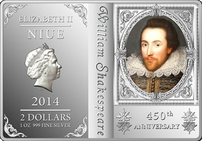 купить Ниуэ 2 доллара 2014 Proof "450 лет со дня рождения Уильяма Шекспира", в подарочной упаковке-книге