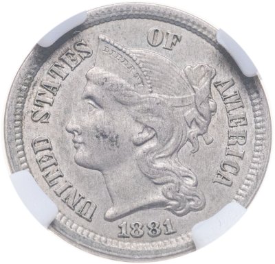 купить США 3 цента (cents) 1881 Three Cent Nickel, в слабе ННР MS63