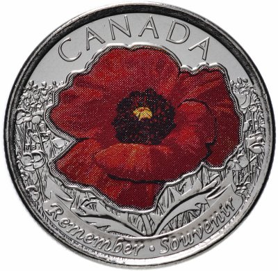 Купить Канада 25 центов (cents) 2015 "100 лет стихотворению "На полях Фландрии" (цветное покрытие)