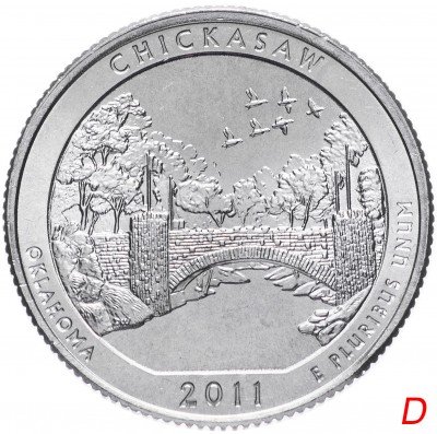 купить США 1/4 доллара (25 центов, квотер) 2011 D — "Национальная рекреационная зона Чикасо" (10-й парк), знак монетного двора: "D" - Денвер