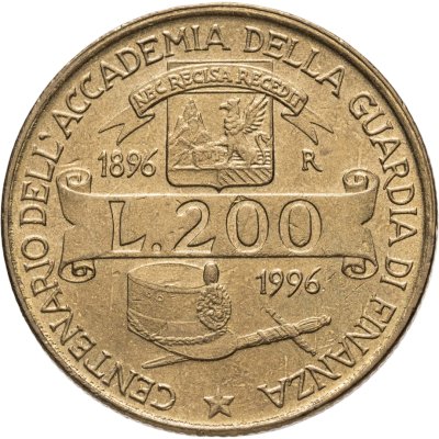купить Италия 200 лир (lire) 1996 100 лет Академии таможенной службы