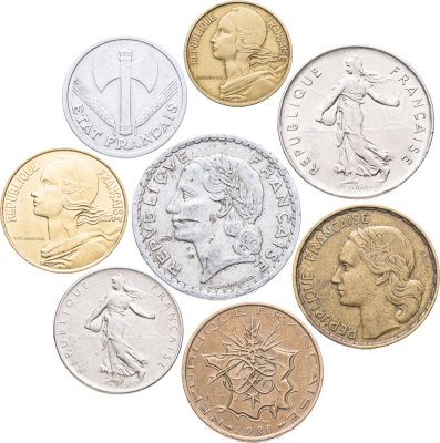 купить Франция набор из 8 монет 10, 20, сантимов и 1, 5, 10, 50 франков 1942-1981