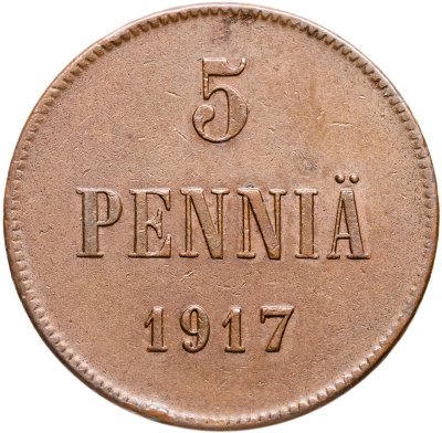 купить 5 пенни (pennia) 1917 с гербовым орлом, Российская Финляндия