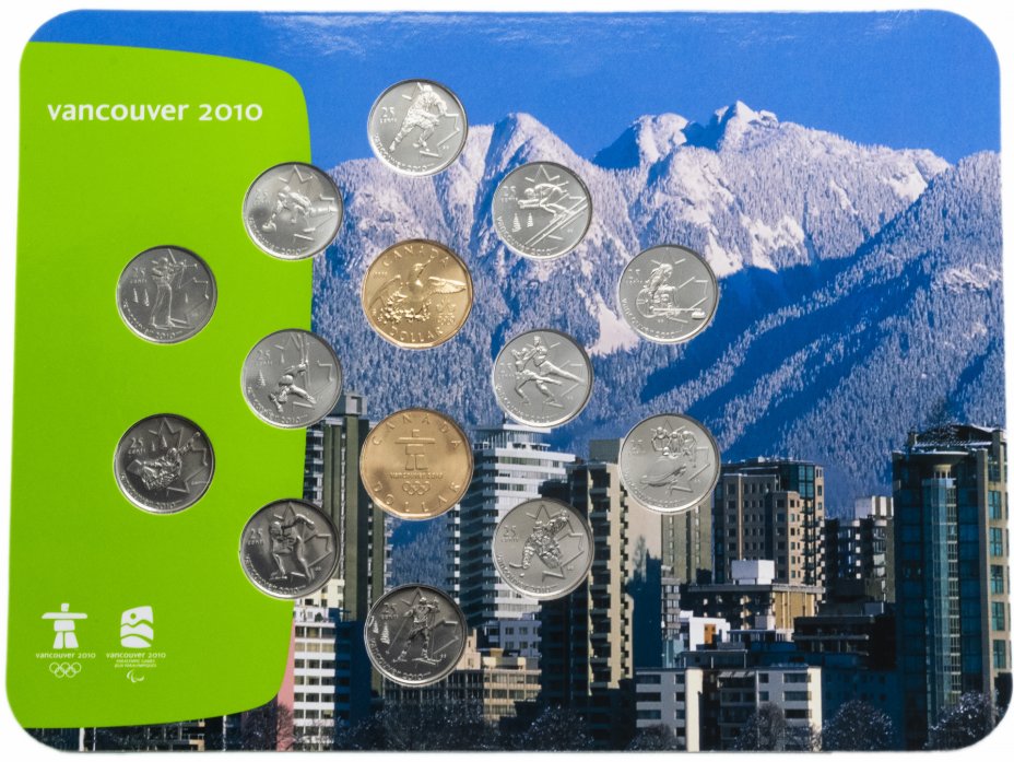 купить Канада набор монет 25 центов - 1 доллар серия "Олимпиада в Ванкувере 2010" (14 монет) в буклете