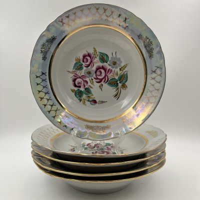 купить Набор из пяти суповых тарелок с цветочным декором, фарфор, роспись, люстр, золочение, Барановский фарфоровый завод, СССР, 1970-1991 гг.