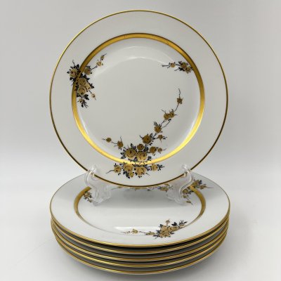 купить Набор из шести пирожковых тарелок с цветочным декором золотистого цвета, фарфор, деколь, золочение, Graf Von Henneberg Porzellan, 1777 Jlmenau, ГДР, 1973-1977 гг.