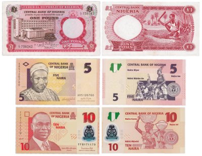 купить Нигерия набор из 3 банкнот 1 фунт и 5, 10 найра 1967-2019