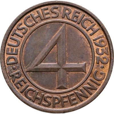купить Германия 4 рейхспфеннига (reichspfennig) 1932, знак монетного двора "J" — Гамбург