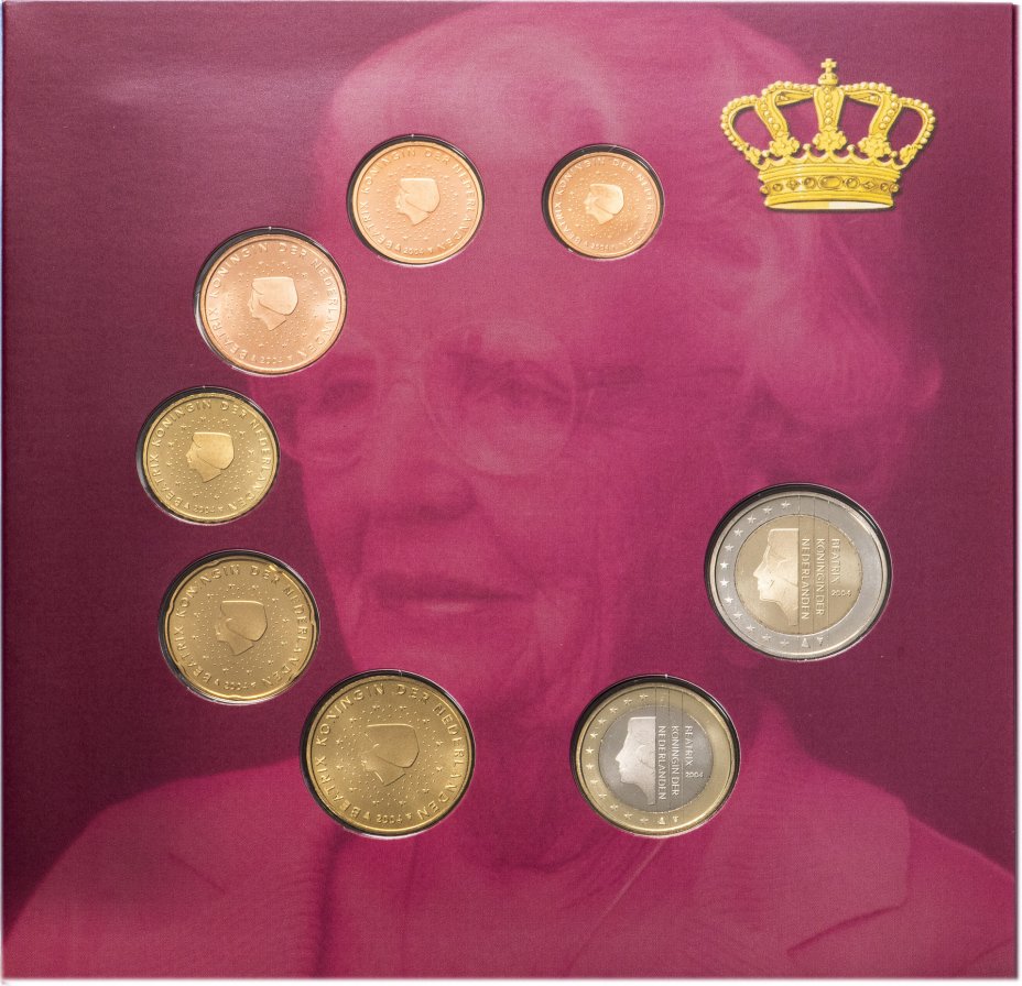 купить Нидерланды 2004 официальный годовой набор евро из 9 монет и серебряного жетона "Королева Юлиана" в буклете
