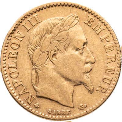 купить Франция 10 франков (francs) 1865 года, знак монетного двора: "А" - Париж, с портретом Императора Наполеона III