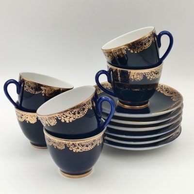купить Набор кофейных пар на 6 персон кобальтового цвета с золотистым узором, фарфор, крытье, золочение, Ленинградский фарфоровый завод (ЛФЗ), СССР, 1970-1986 гг.