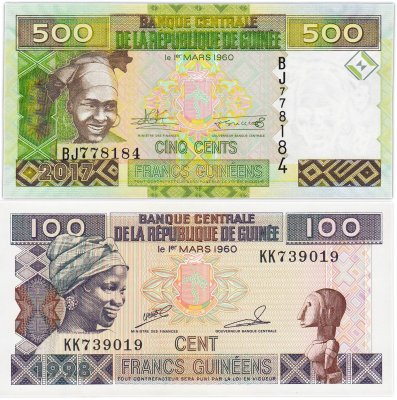 купить Гвинея набор из 2 банкнот 100, 500 франков 1998-2017