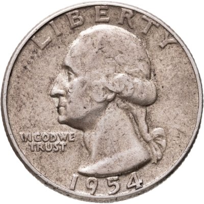 купить США 25 центов (квотер, 1/4 доллара, quarter dollar) 1954 Washington Quarter Без отметки монетного двора