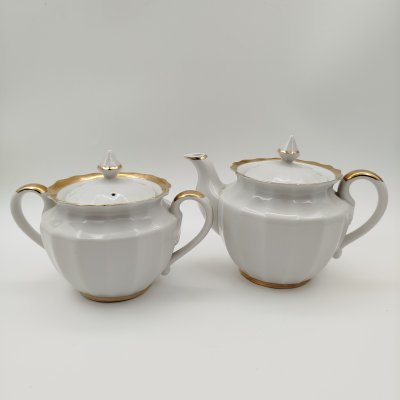 купить Набор для подачи чая "Золотая лента" (чайник и сахарница), фарфор, золочение, Дмитровский фарфоровый завод (ДФЗ Вербилки), СССР, 1965-1991 гг.
